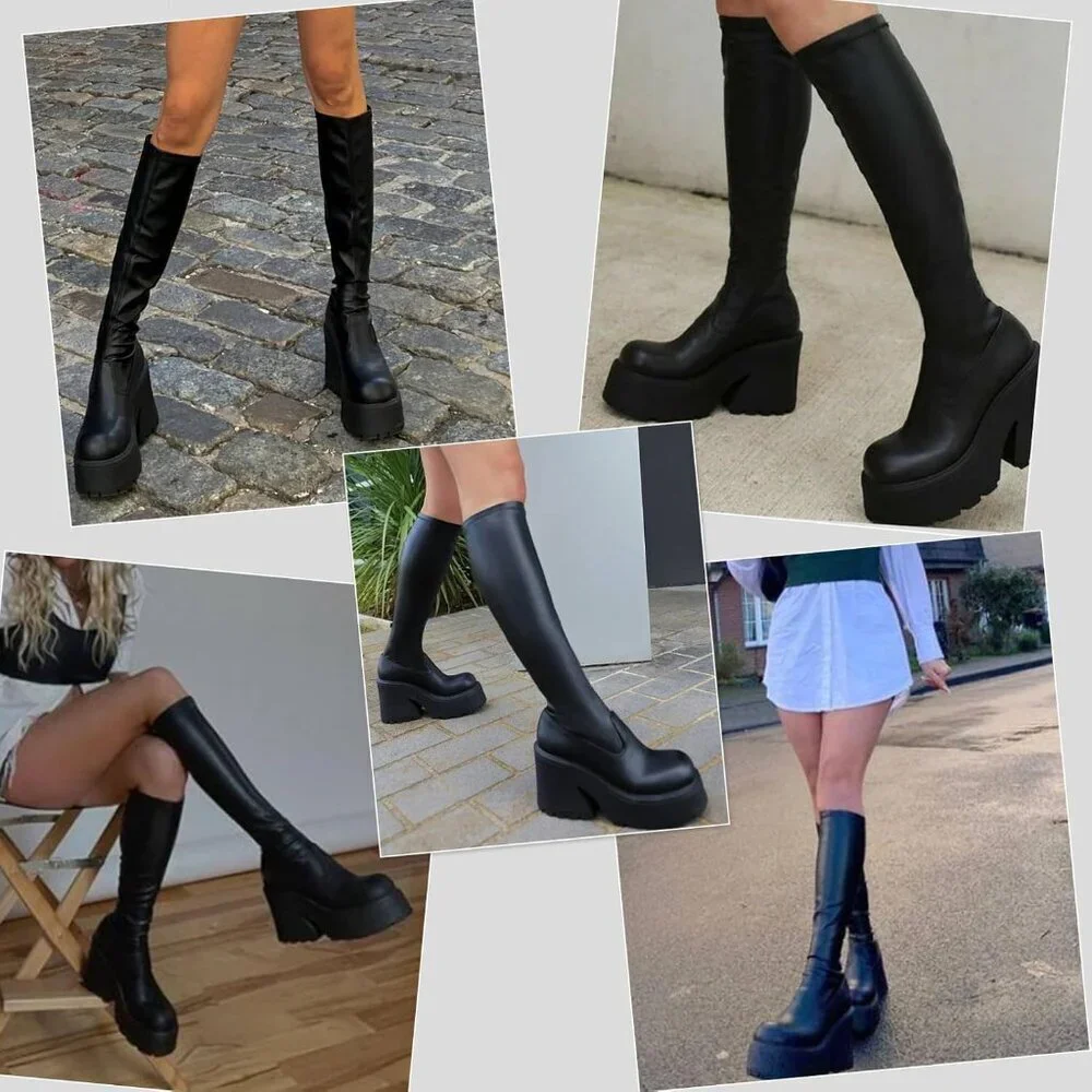 Aminugal Womens Black Synthetic Chunky Block High Heel Knee High Platform Boots